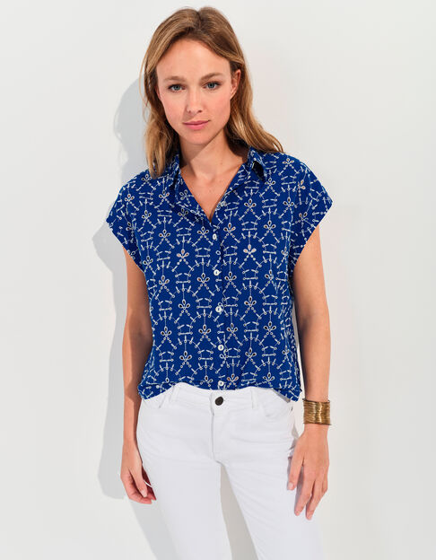 CORNELIA - Chemise bleue coton bio broderies all-over  - One Step