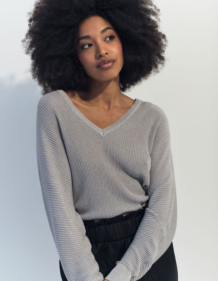 TONY - Pull argent tricot côtelé manches chauve-souris -2