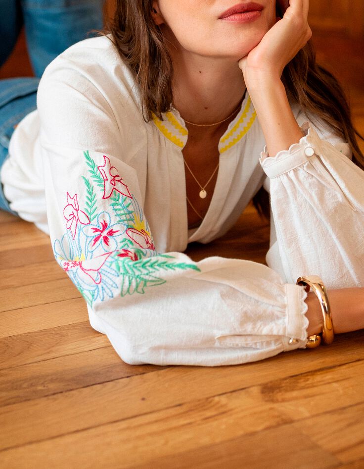 CORACAO - Chemise blanche broderies plac&eacute;es -2