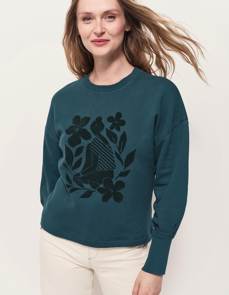 MELISSE - Sweat vert flocage fleurs avec col amovible-1