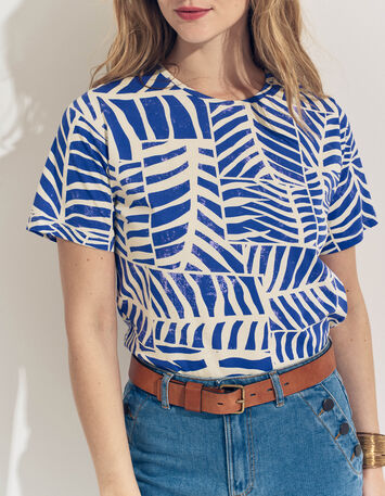 MANARA- T-shirt bleu coton bio imprim&eacute; tropic chic-2