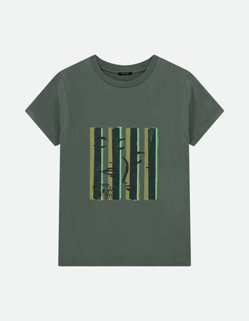 MIKA - T-shirt kaki visuel visages sur fond ray&eacute; -5