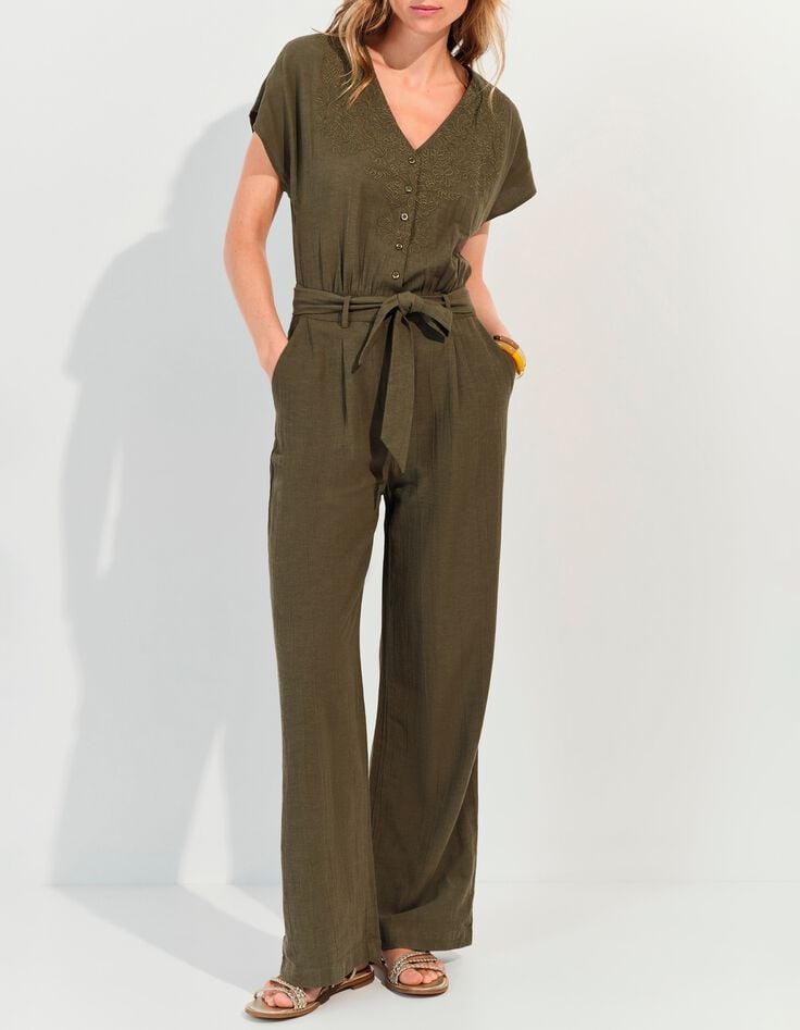 RIO - Combinaison kaki lin m&eacute;lang&eacute; broderies plac&eacute;es-6