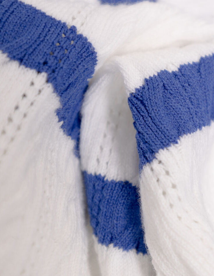 TAVACO - Pull &eacute;cru tricot torsades et rayures bleues-4