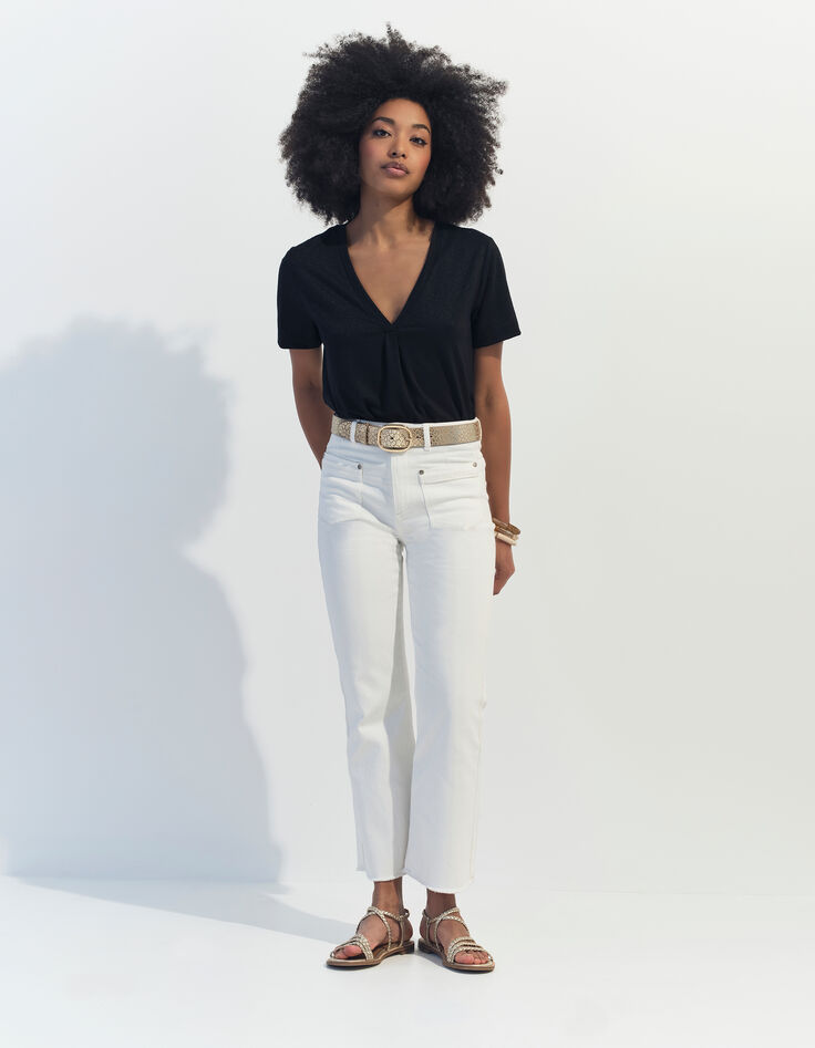 MARCIA - T-shirt noir encolure V maille irisée -8
