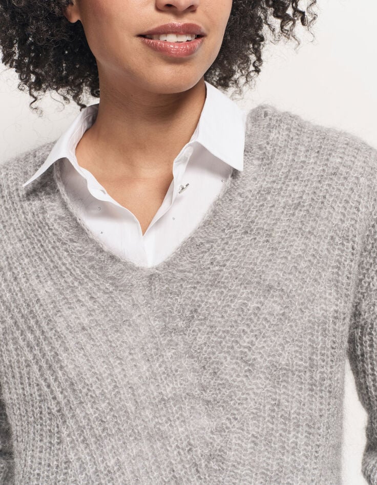 TYLER - Pull gris tricot côtelé mohair mélangé-4 TYLER - Pull gris tricot côtelé mohair mélangé-4