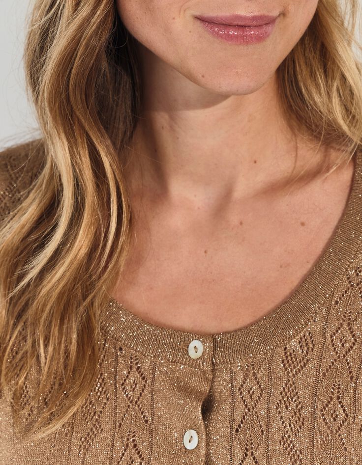 TERENOS - Cardigan manches courtes marron tricot lurex-7