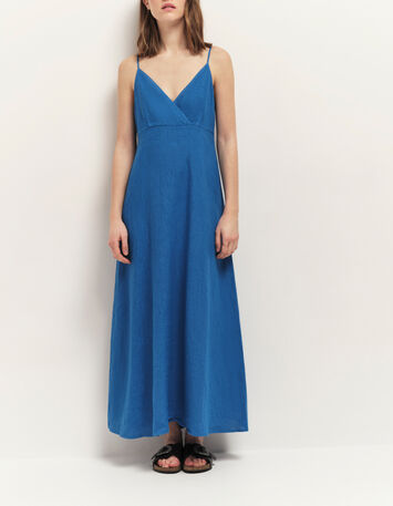 RIMINI - Robe longue Santorin blue à fines bretelles lin-1