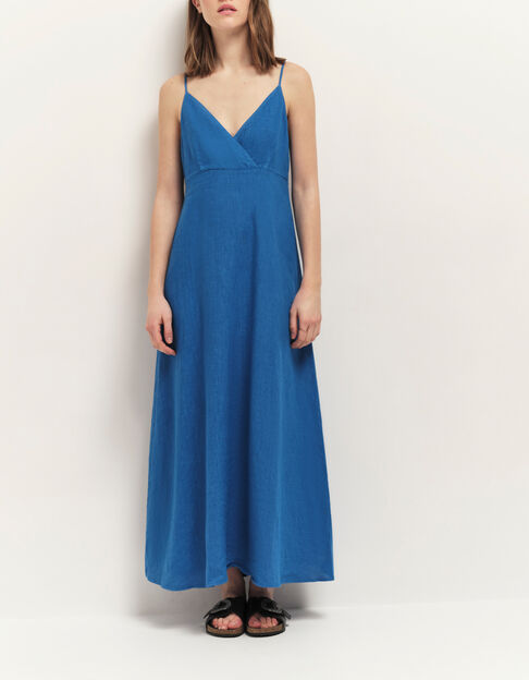 RIMINI - Robe longue Santorin blue à fines bretelles lin - One Step