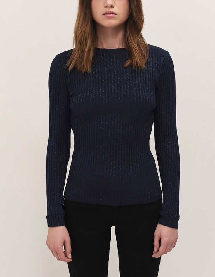 MALENE - T-shirt marine maille lurex c&ocirc;tel&eacute;e-2