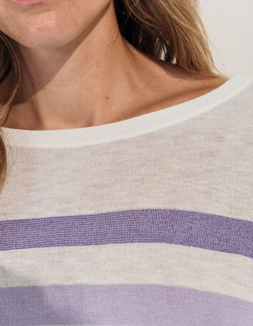 TONIO - Pull &eacute;cru tricot rayures parme -3