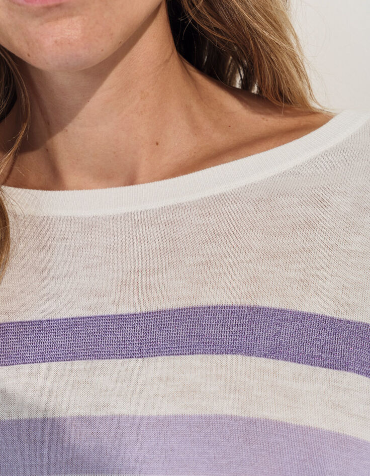 TONIO - Pull &eacute;cru tricot rayures parme -3