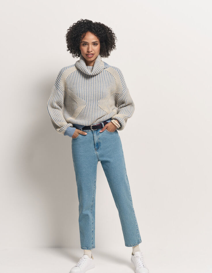 TOKAYA - Pull col roulé bleu tricot côtelé bicolore-6