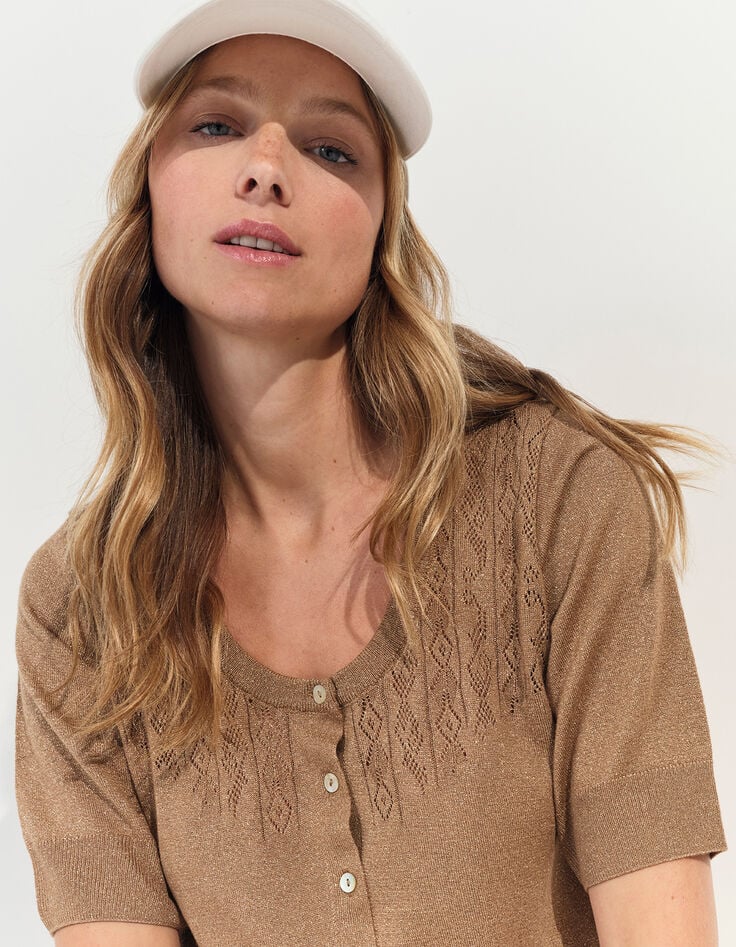 TERENOS - Cardigan manches courtes marron tricot lurex-4