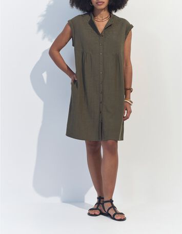 RONDONIA - Robe kaki coton lin broderies plac&eacute;es -6