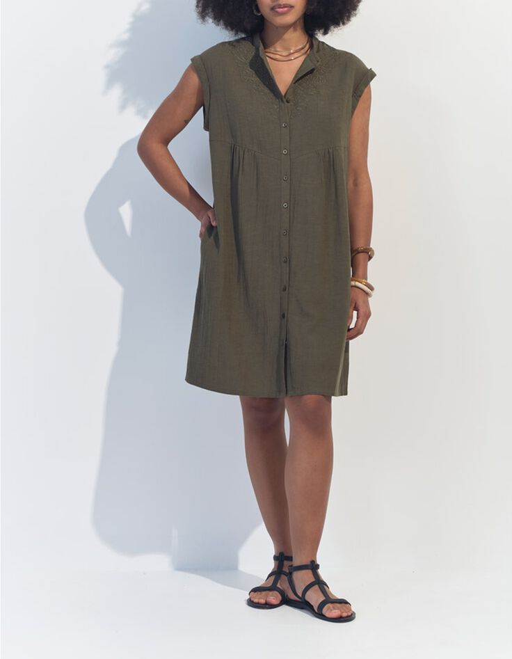 RONDONIA - Robe kaki coton lin broderies plac&eacute;es -6