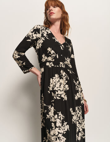 ROCCIA - Robe longue noire imprimé feuillage d'hiver-2