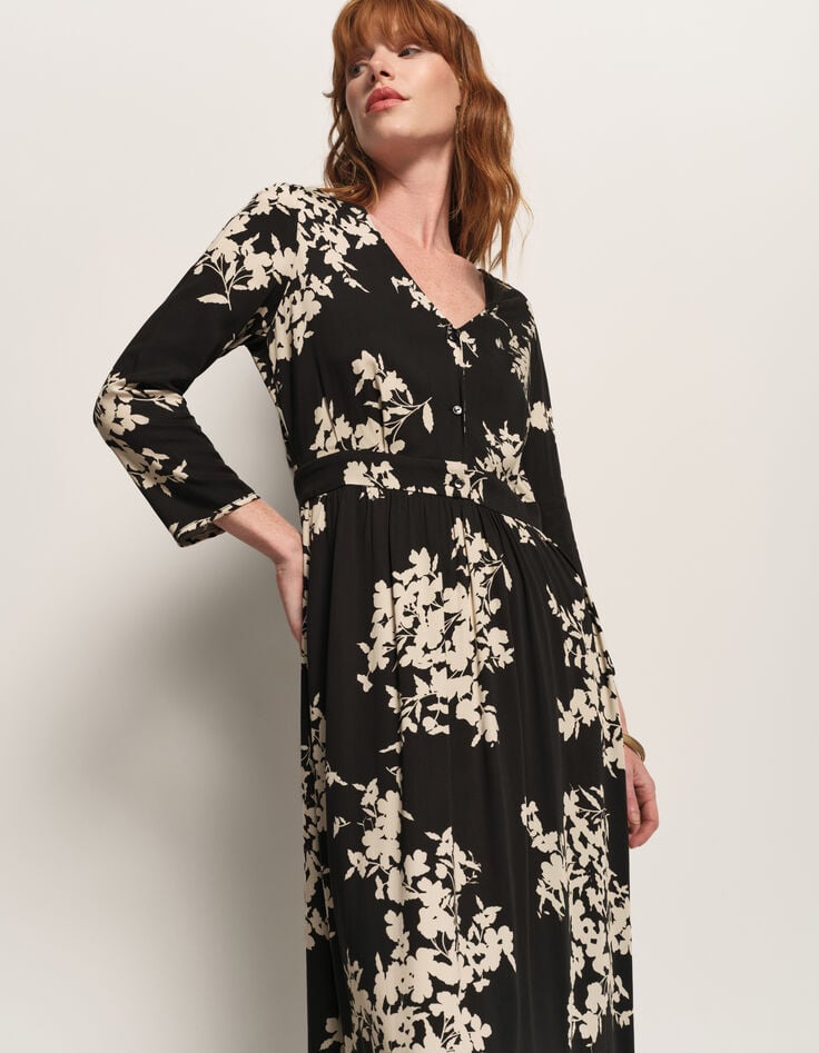 ROCCIA - Robe longue noire imprimé feuillage d'hiver-2 ROCCIA - Robe longue noire imprimé feuillage d'hiver-2