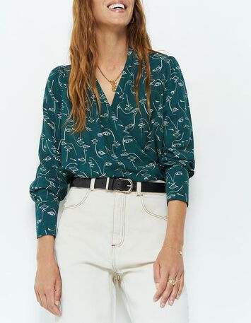 CANNELLE - Blouse vert cèdre à imprimé visages-2