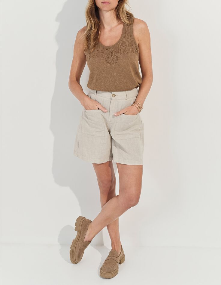 TAHIR - Pull sans manches marron tricot lurex fantaisie -1