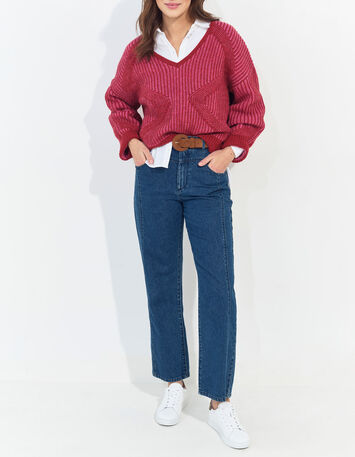 THORY - Pull encolure V rouge tricot c&ocirc;tel&eacute; bicolore-3