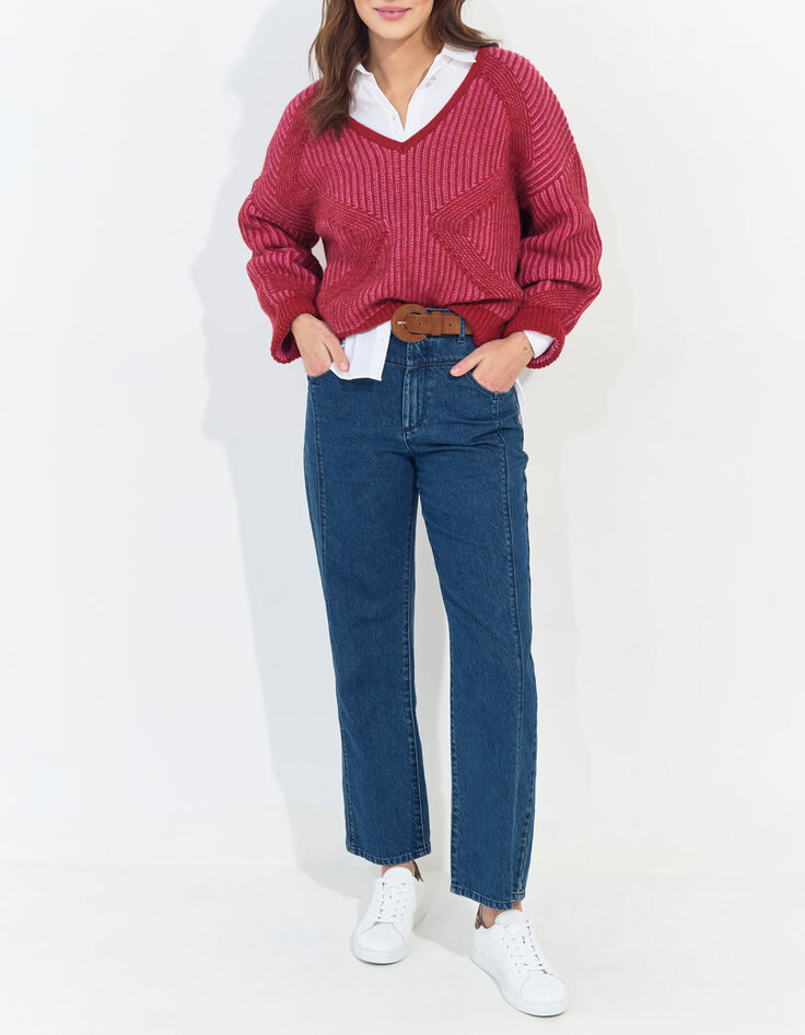 THORY - Pull encolure V rouge tricot c&ocirc;tel&eacute; bicolore-3