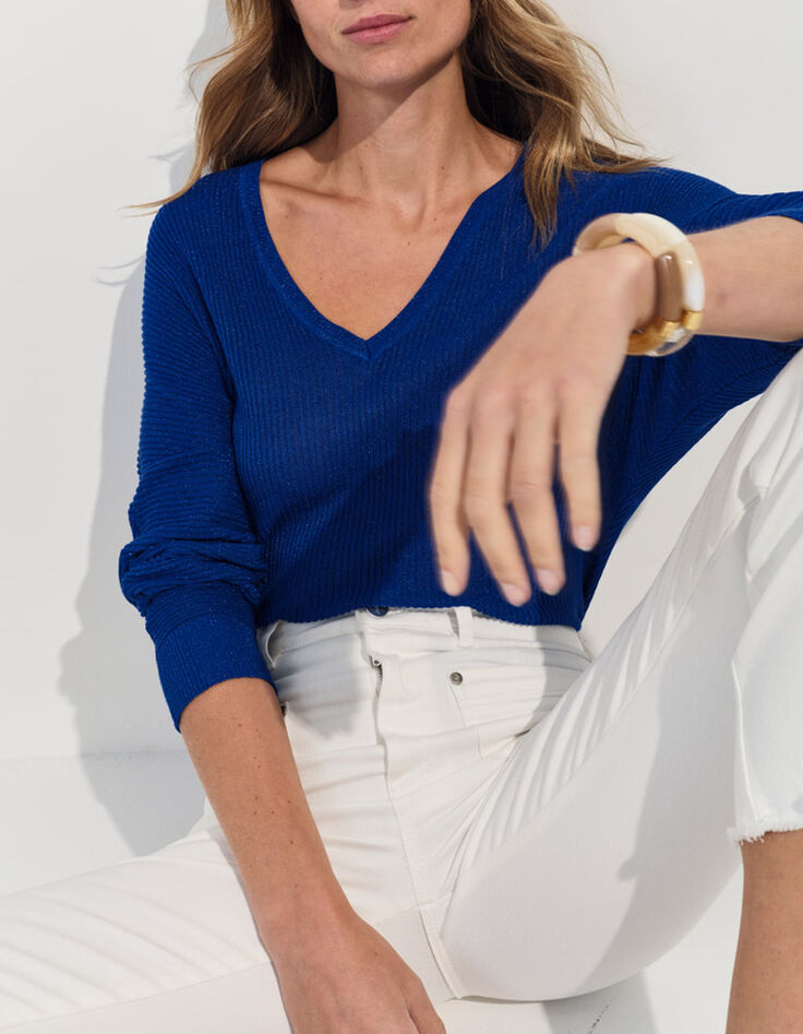 TONY - Pull bleu tricot c&ocirc;tel&eacute; manches chauve-souris -2