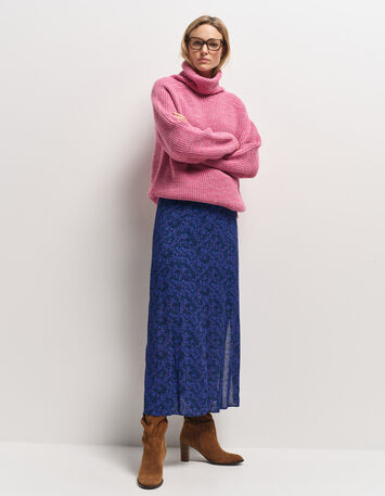 JULLY - Jupe midi marine imprimé floral pois-2