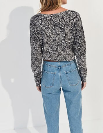 TOKAY - Pull noir tricot motif n&eacute;o cachemire -3