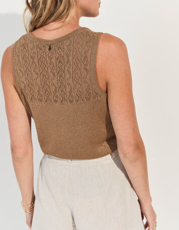 TAHIR - Pull sans manches marron tricot lurex fantaisie -5
