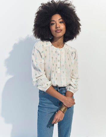 CACILDA - Blouse blanche broderies feuilles et rayures-1