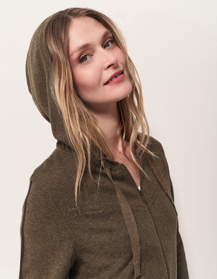 TARA - Cardigan kaki zippé à capuche-2 TARA - Cardigan kaki zippé à capuche-2