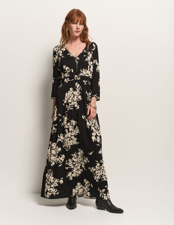 ROCCIA - Robe longue noire imprimé feuillage d'hiver-1