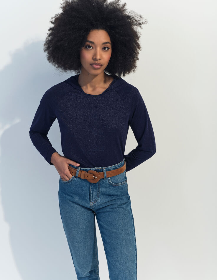MARA - T-shirt marine à capuche maille irisée -1