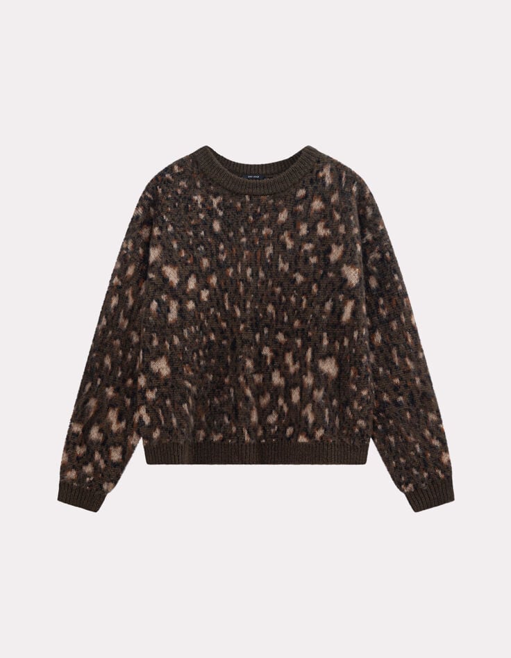TEAL - Pull kaki tricot motif tachiste animalier-6 TEAL - Pull kaki tricot motif tachiste animalier-6