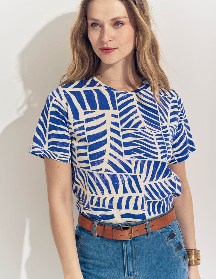MANARA- T-shirt bleu coton bio imprimé tropic chic-2 MANARA- T-shirt bleu coton bio imprimé tropic chic-2