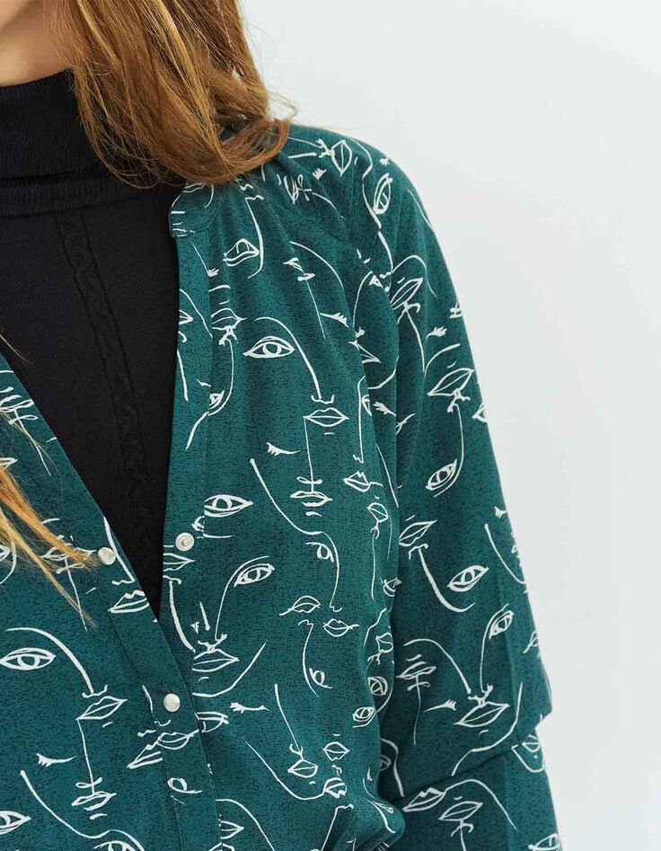 REVERDY - Robe midi vert cèdre à imprimé visages-4