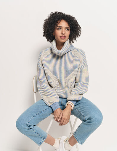 TOKAYA - Pull col roulé bleu tricot côtelé bicolore - One Step