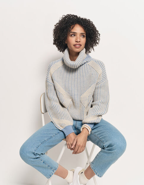 TOKAYA - Pull col roulé bleu tricot côtelé bicolore - One Step