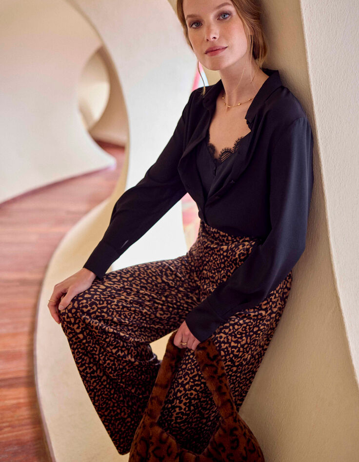 PADEN - Pantalon noir panne de velours imprimé léopard-2