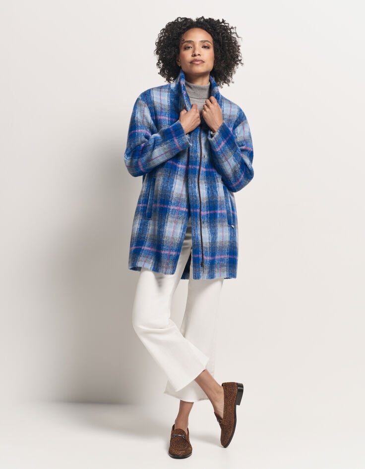 DANICA - Manteau bleu motif carreaux col montant-7 DANICA - Manteau bleu motif carreaux col montant-7