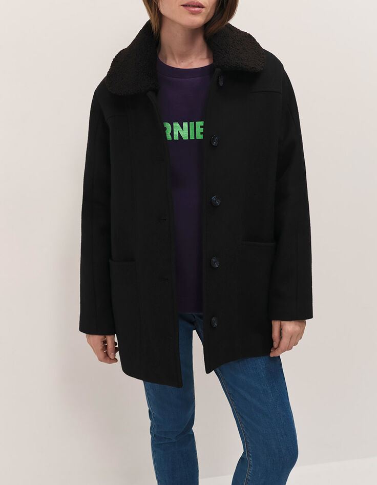 DORA - Manteau mi-long noir col amovible sherpa-2