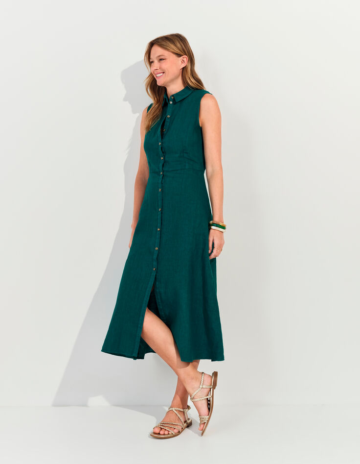 RECIFE - Robe chemise longue verte lin certifié surteint -6