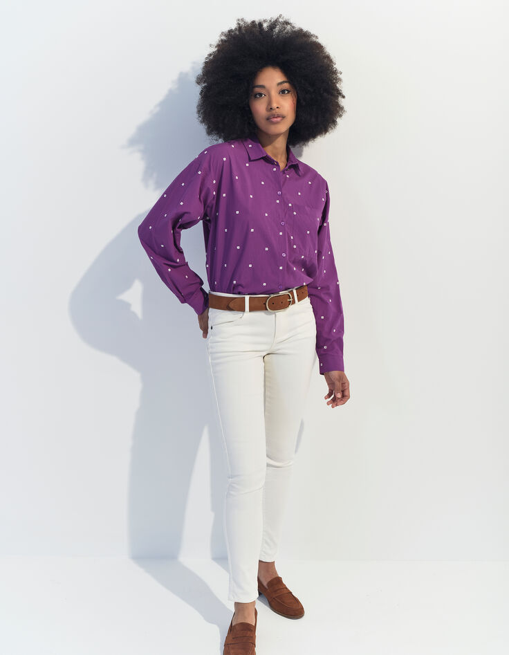 CELESTE - Chemise violet broderies petits carrés écrus -5