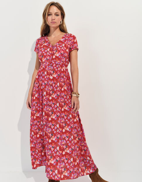 ROMARIA - Robe midi rouge imprimé floral d'été  - One Step