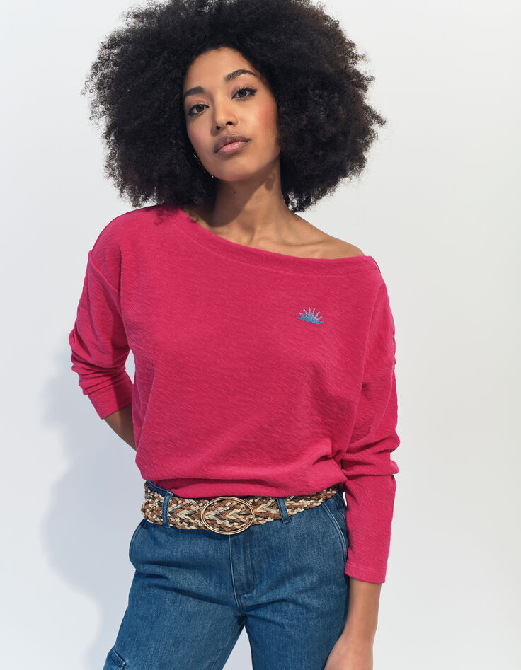 MALOU - T-shirt rose éponge coton bio broderie soleil -1