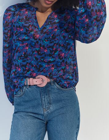 CIARA - Blouse bleue polyester recycl&eacute; floral aquatique -2