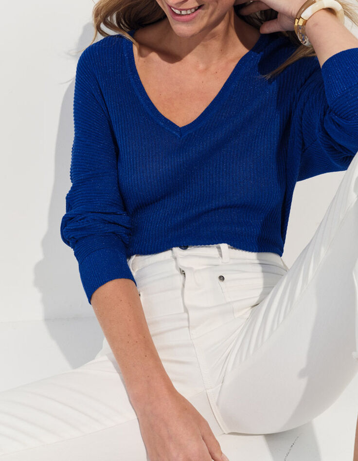 TONY - Pull bleu tricot c&ocirc;tel&eacute; manches chauve-souris -4