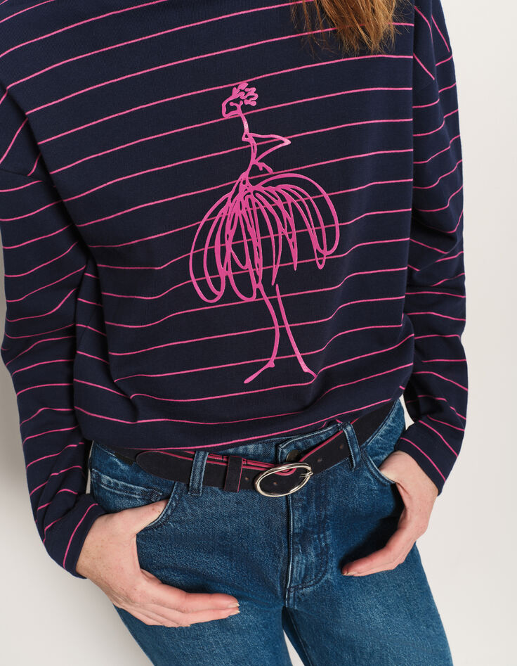MELKI - T-shirt marine rayé rose coton bio avec danseuse-4