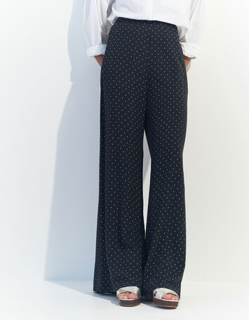 PIRANGI - Pantalon fluide noir imprim&eacute; carr&eacute;s &eacute;crus-1